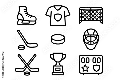 Hockey equipment and symbols displayed in a grid layout featuring skates, a jersey, pucks, and a trophy