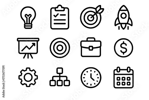 Icons representing business concepts such as strategy, planning, and growth in a minimal style
