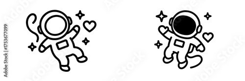 Cute astronaut characters floating in space with hearts and sparkles display joy and wonder