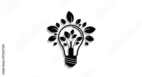 Bright idea for a sustainable future, with a lightbulb blooming with green leaves.