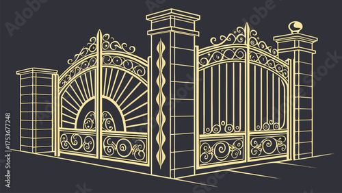 Luxury Golden Decorative Gate Designs in Ornamental Vintage and Art Deco Style for Architectural and Artistic Projects on Dark Background Vector Illustration