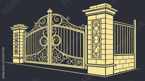 Luxury Golden Decorative Gate Designs in Ornamental Vintage and Art Deco Style for Architectural and Artistic Projects on Dark Background Vector Illustration