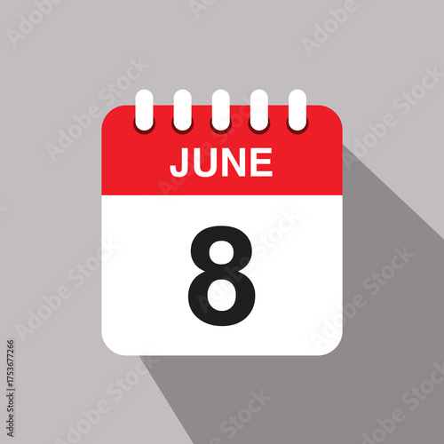 8 june calendar date icon. vector illustration with shadow design