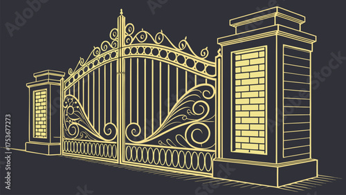 Luxury Golden Decorative Gate Designs in Ornamental Vintage and Art Deco Style for Architectural and Artistic Projects on Dark Background Vector Illustration
