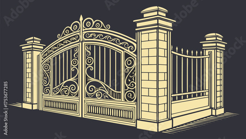 Luxury Golden Decorative Gate Designs in Ornamental Vintage and Art Deco Style for Architectural and Artistic Projects on Dark Background Vector Illustration
