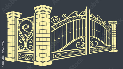 Luxury Golden Decorative Gate Designs in Ornamental Vintage and Art Deco Style for Architectural and Artistic Projects on Dark Background Vector Illustration