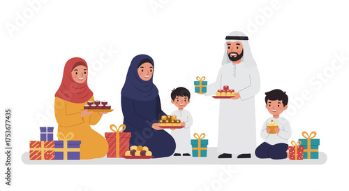 Happy Muslim family celebrating holiday with gifts and traditional food, promoting togetherness
