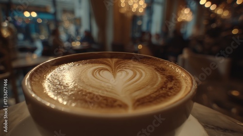 Close up of a latte with heart shaped foam art in a cafe setting