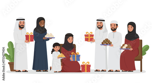 Joyful Eid celebration with families exchanging gifts and food during a festive gathering