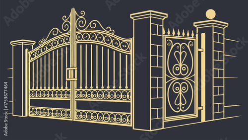 Luxury Golden Decorative Gate Designs in Ornamental Vintage and Art Deco Style for Architectural and Artistic Projects on Dark Background Vector Illustration