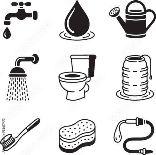 Set of nine detailed water saving icons with transparent background water conservation water drop