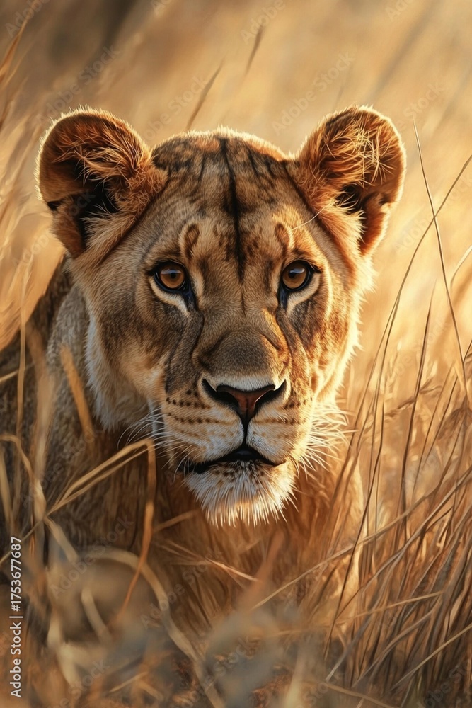 Fototapeta premium A majestic lioness gazes with piercing eyes, its regal presence commanding attention amidst the golden hues of the savanna. It's a powerful symbol of grace and strength.