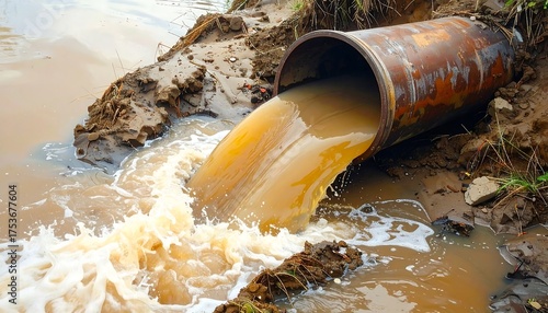 A rusty pipe spills polluted, murky liquid into a muddy stream, the outflow creating turbulent froth, emphasizing pollution