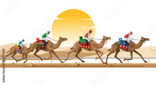A desert camel race under the bright sun with jockeys racing on camels across the sand dunes