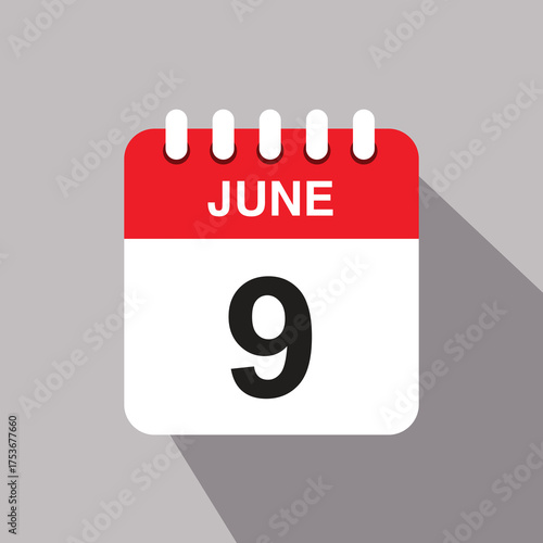 9 june calendar date icon. vector illustration with shadow design