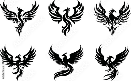 Set of Stylish Black Phoenix Vector Designs for Logos and Tattoos
