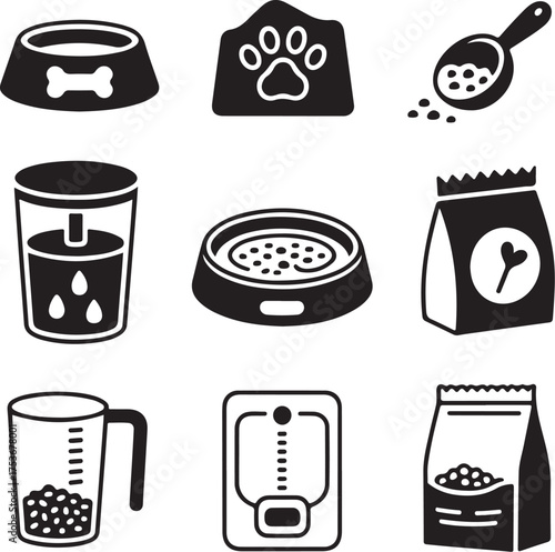 Set of Nine Detailed Pet Feeding Icons with Transparent Background animal care food bowl