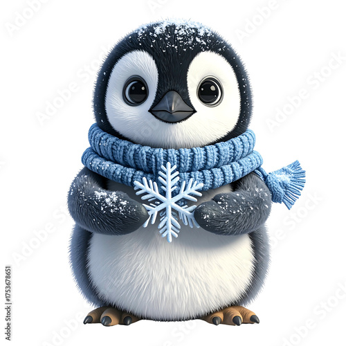 A fluffy penguin wears a scarf and holds a snowflake.