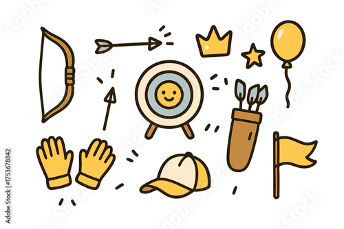Archery Icon Set. Archery doodle icon set: hand drawn icons of bow, arrow, target with smile, crown, star, balloon, gloves, quiver