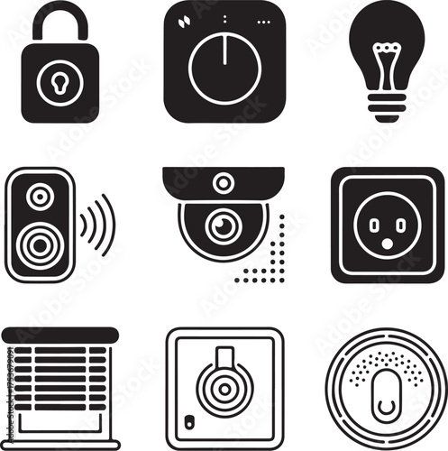 Set of nine detailed smart home control icons on white background vector