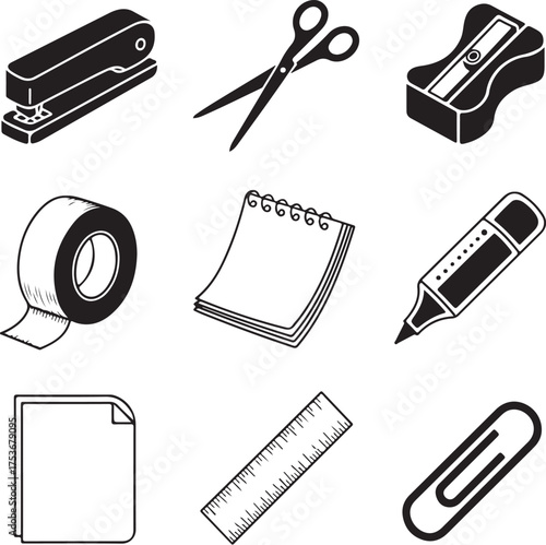 Nine Detailed Office Supplies on White Background stationery writing tools