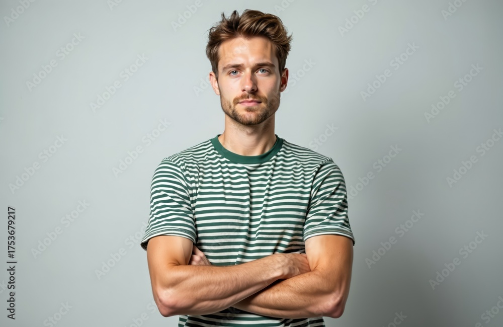 © Vadym - Portrait of young handsome man in striped shirt with crossed arms. Guy looking at camera on grey studio background. Adult person shows confidence, style and fashion in casual wear. One male.
