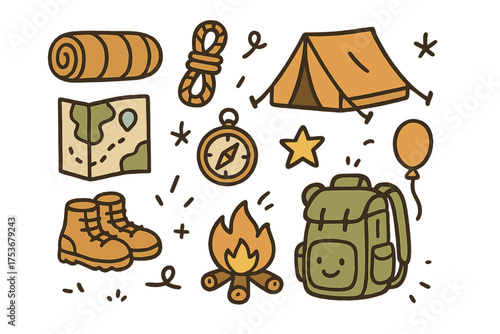 Backpacking Doodle Icons. Backpacking doodle icon set: hand drawn icons of sleeping bag, rope, tent, map, compass, shoes, crown,
