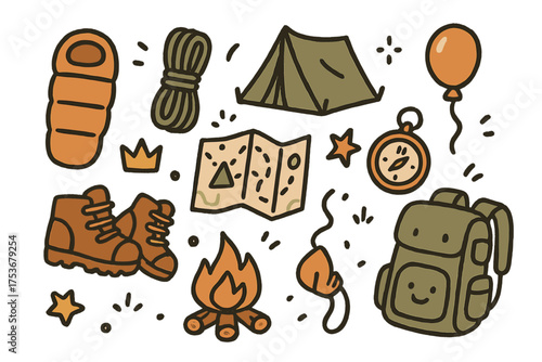 Backpacking Doodle Icons. Backpacking doodle icon set: hand drawn icons of sleeping bag, rope, tent, map, compass, shoes, crown,