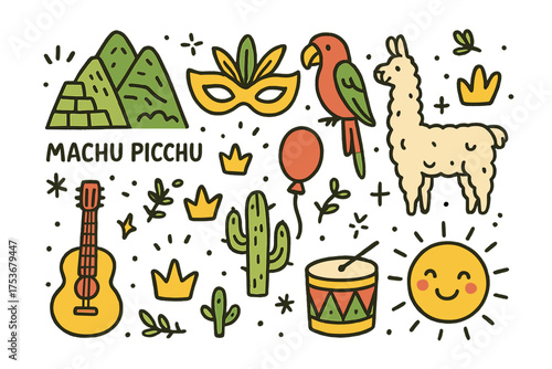 South America Icon Doodles. South America travel doodle icon set: hand drawn icons of Machu Picchu, carnival mask, parrot, llama,