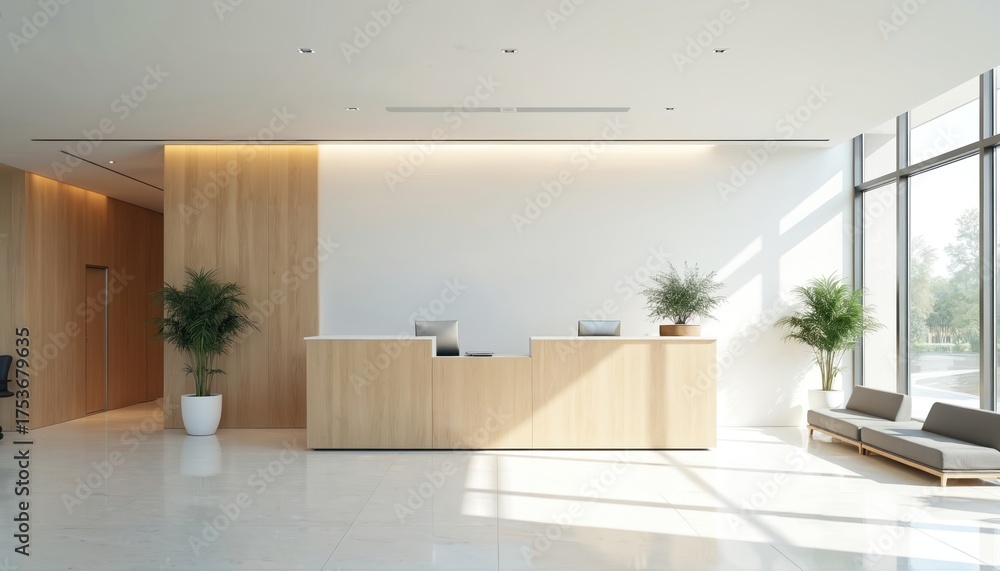Fototapeta premium Bright hospital reception area minimalist design with light wood desk, potted plants. Comfortable seating offers welcoming space within modern clinic interior. Clean lines, natural light create pro