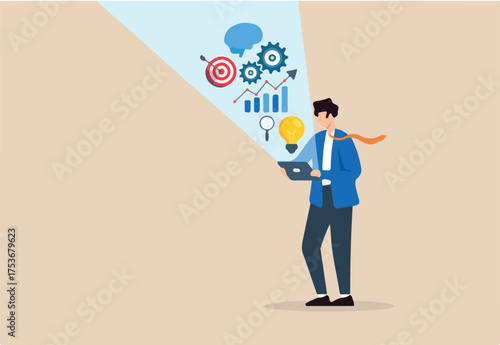 Flat illustration of businessman discovering insight with tablet projecting data visualization brain target gears chart and glowing lightbulb as business solution concept