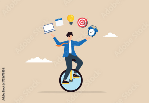 Flat illustration of skillful businessman riding unicycle while juggling laptop calendar idea email bullseye alarm clock productivity and multitasking