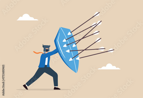 Strong businessman with armor and shield to defend against incoming arrows, illustrating protection from threats. Concept of safeguarding against security attacks, business risks, or potential dangers