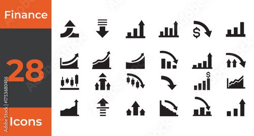 Collection of finance icons representing growth decline and market trends