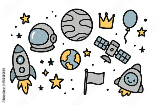 Cute Space Doodles. Space transport doodle icon set: hand drawn icons of rocket, astronaut helmet, planet, crown, star, balloon,