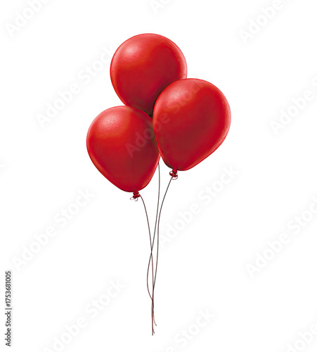 Three glossy red balloons clustered together, tied by dark strings against a black background