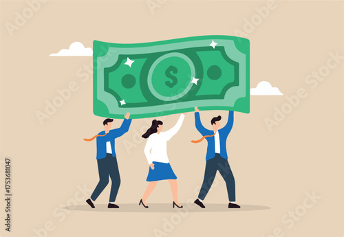 Flat illustration of business people carry dollar banknote salary investment economic value inflation tax