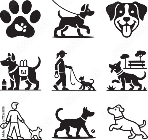 Set of nine detailed pet walking service icons with transparent background vector
