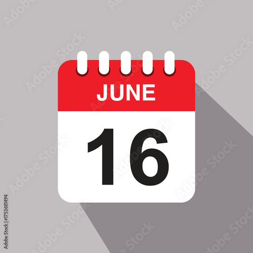 16 june calendar date icon. vector illustration with shadow design