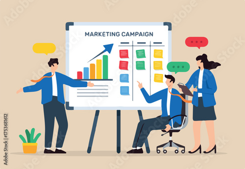Vector illustration of team strategizing marketing campaign on whiteboard with sticky notes promotional tactics