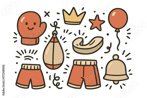 Boxing Doodle Icons. Boxing doodle icon set: hand drawn icons of gloves with smile, punching bag, crown, star, balloon, mouth