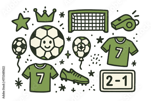 Football Doodle Icons. Football doodle icon set: hand drawn icons of football ball with smile, goal, whistle, crown, star, balloon