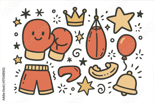 Boxing Doodle Icons. Boxing doodle icon set: hand drawn icons of gloves with smile, punching bag, crown, star, balloon, mouth