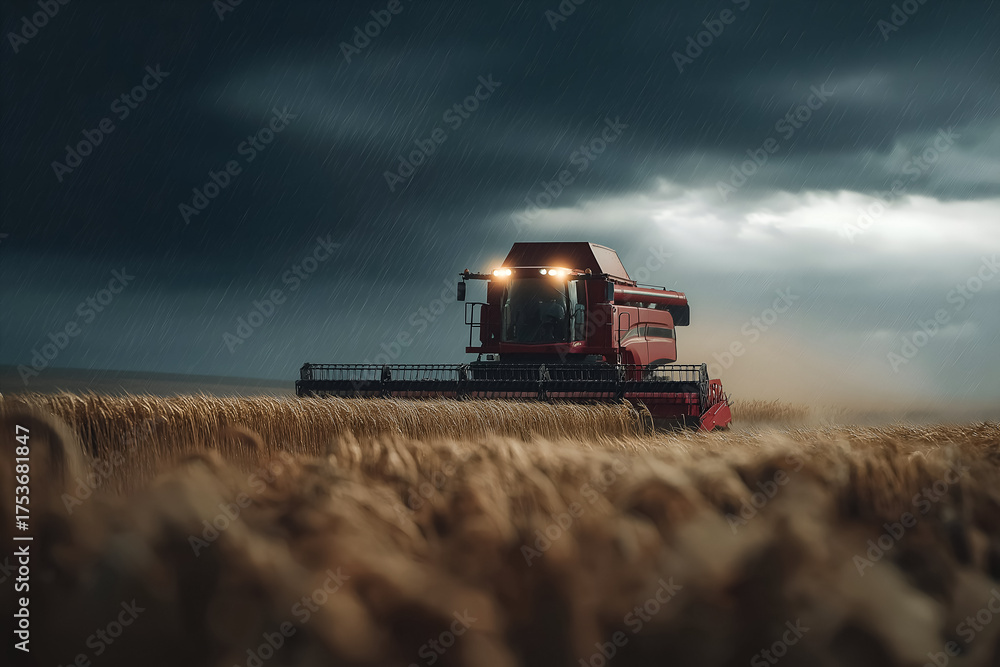 Fototapeta premium Red agricultural harvester working in golden wheat field under dramatic stormy sky, capturing the essence of modern farming and the power of machinery in challenging weather conditions