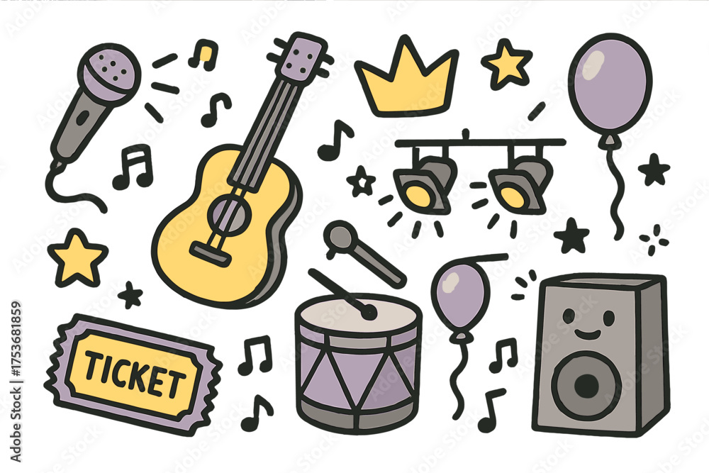 Obraz premium Concert Doodle Icons. Concert doodle icon set: hand drawn icons of microphone, guitar, drum, crown, star, balloon, stage lights,