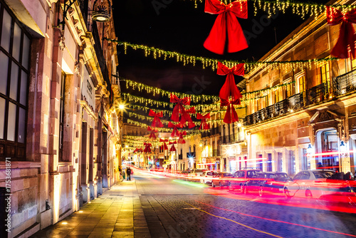 Zacatecas streets at night with Christmas decorations and New Year lights 