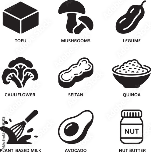 Nine detailed food substitute icons on white background vegan vegetarian