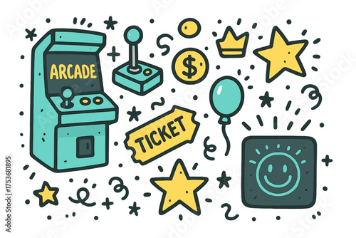 Arcade Doodle Icons. Arcade doodle icon set: hand drawn icons of arcade machine, joystick, coin, crown, star, balloon, ticket, and