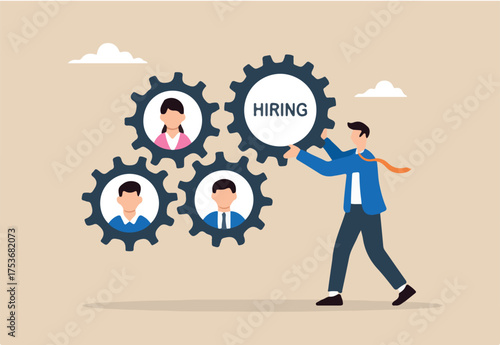 Flat illustration of human resource manager assembling hiring gear with candidate profile cogs to represent teamwork and process integration in business recruitment