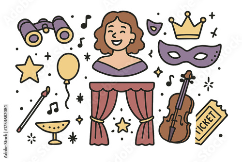 Opera Doodle Icons. Opera doodle icon set: hand drawn icons of opera glasses, singer with smile, mask, crown, star, balloon,